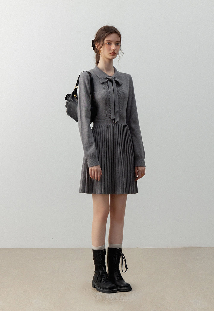 Women's Long-Sleeve Knit Dress with Bow Tie and Pleated Skirt