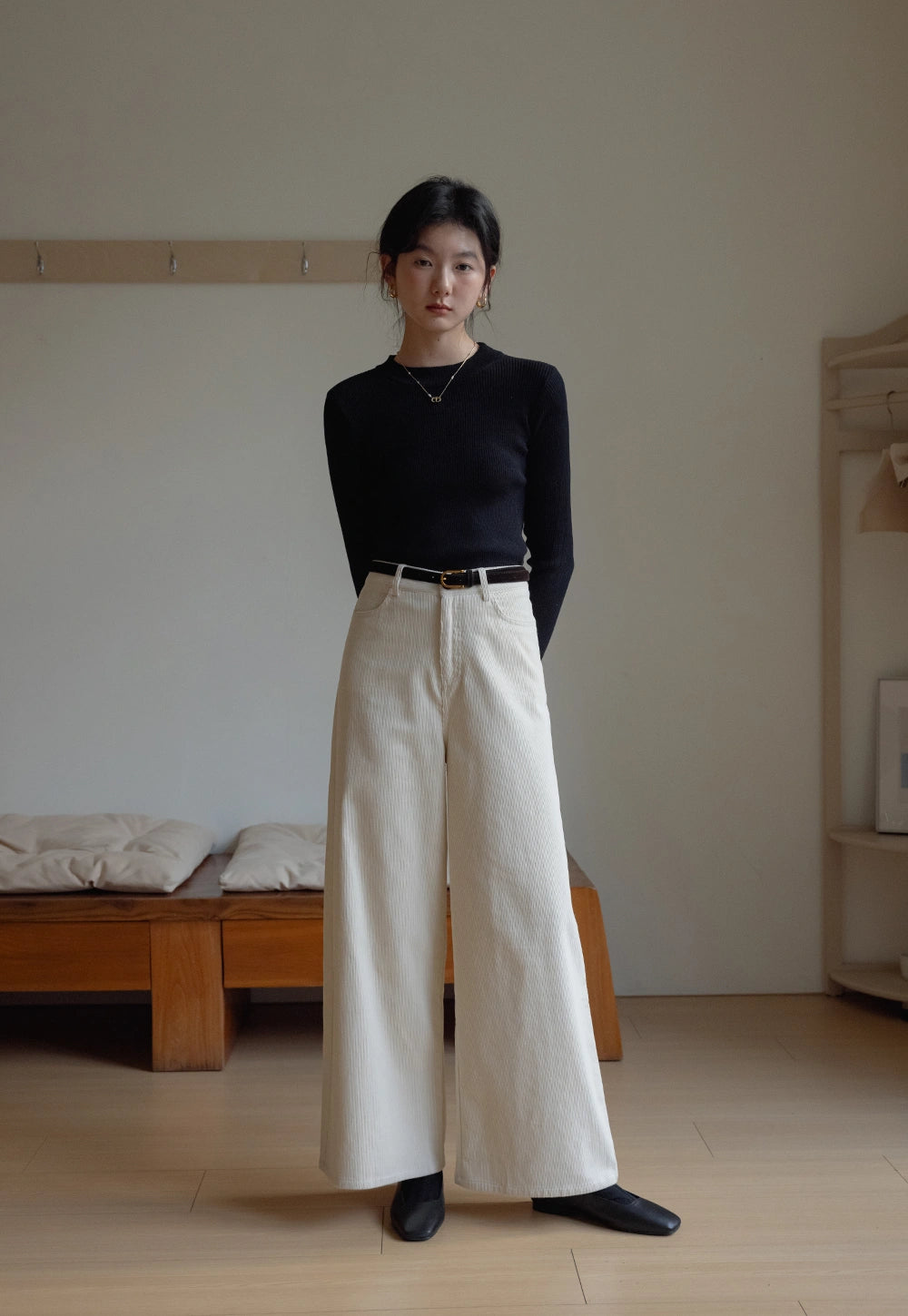 Wide-Leg Corduroy Pants with Belt