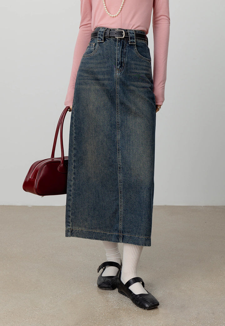 Women's Belted Denim Midi Skirt