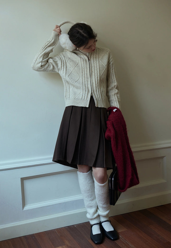 Cable-Knit High-Neck Zip-Up Cardigan