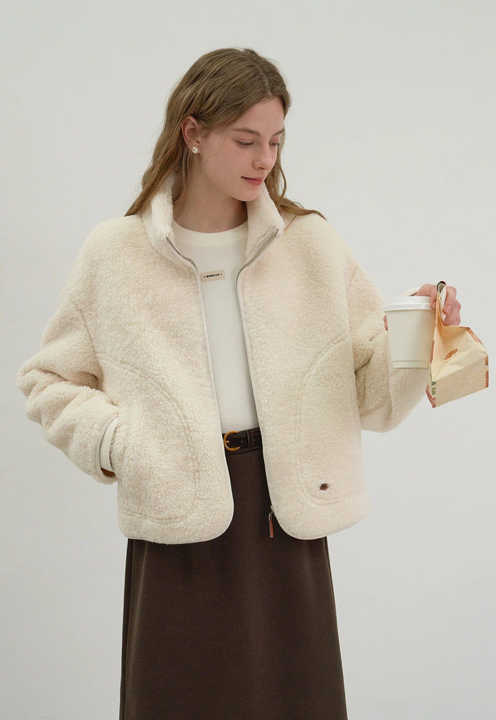 Lambswool Stand Collar Fur Short Coat