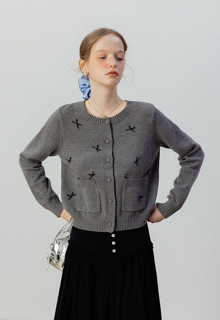 Gray Knit Cardigan with Bow Details