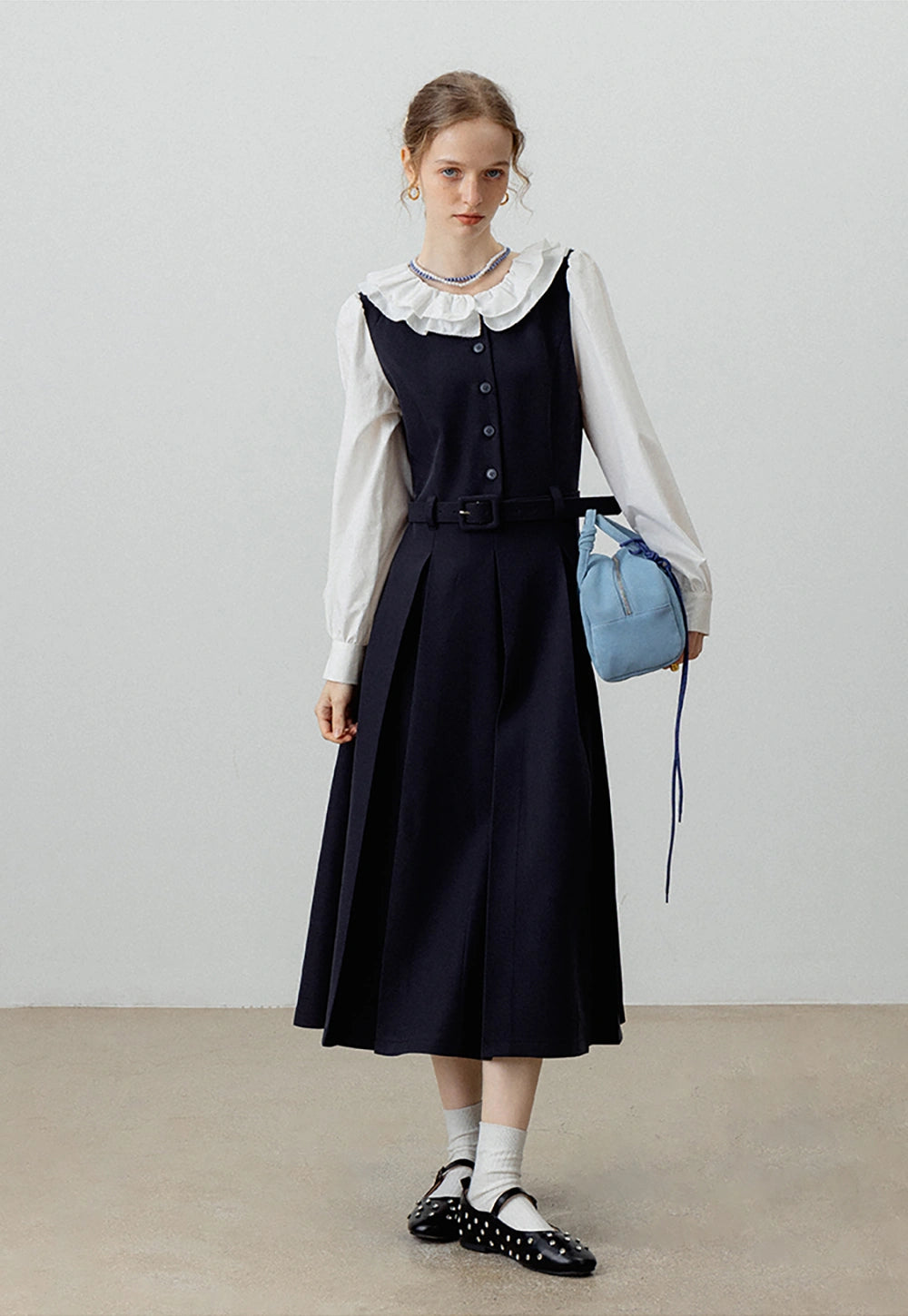 Women's Peter Pan Collar Belted Midi Dress with Long Sleeves