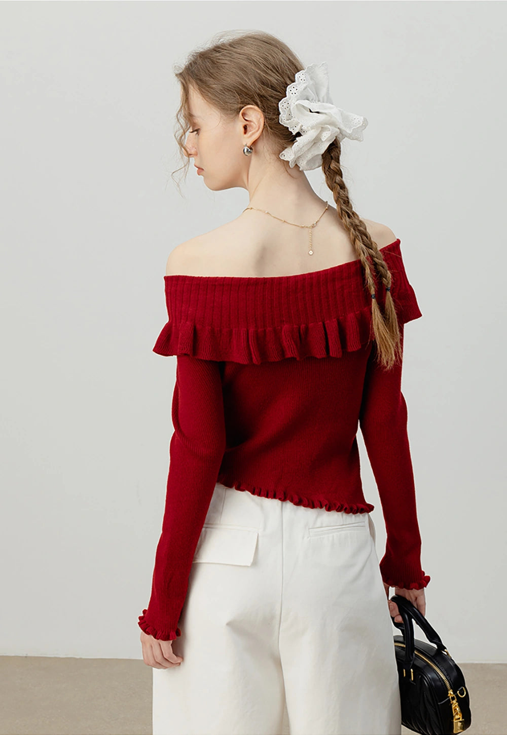 Off-Shoulder Ruffle Long Sleeve Knit Top