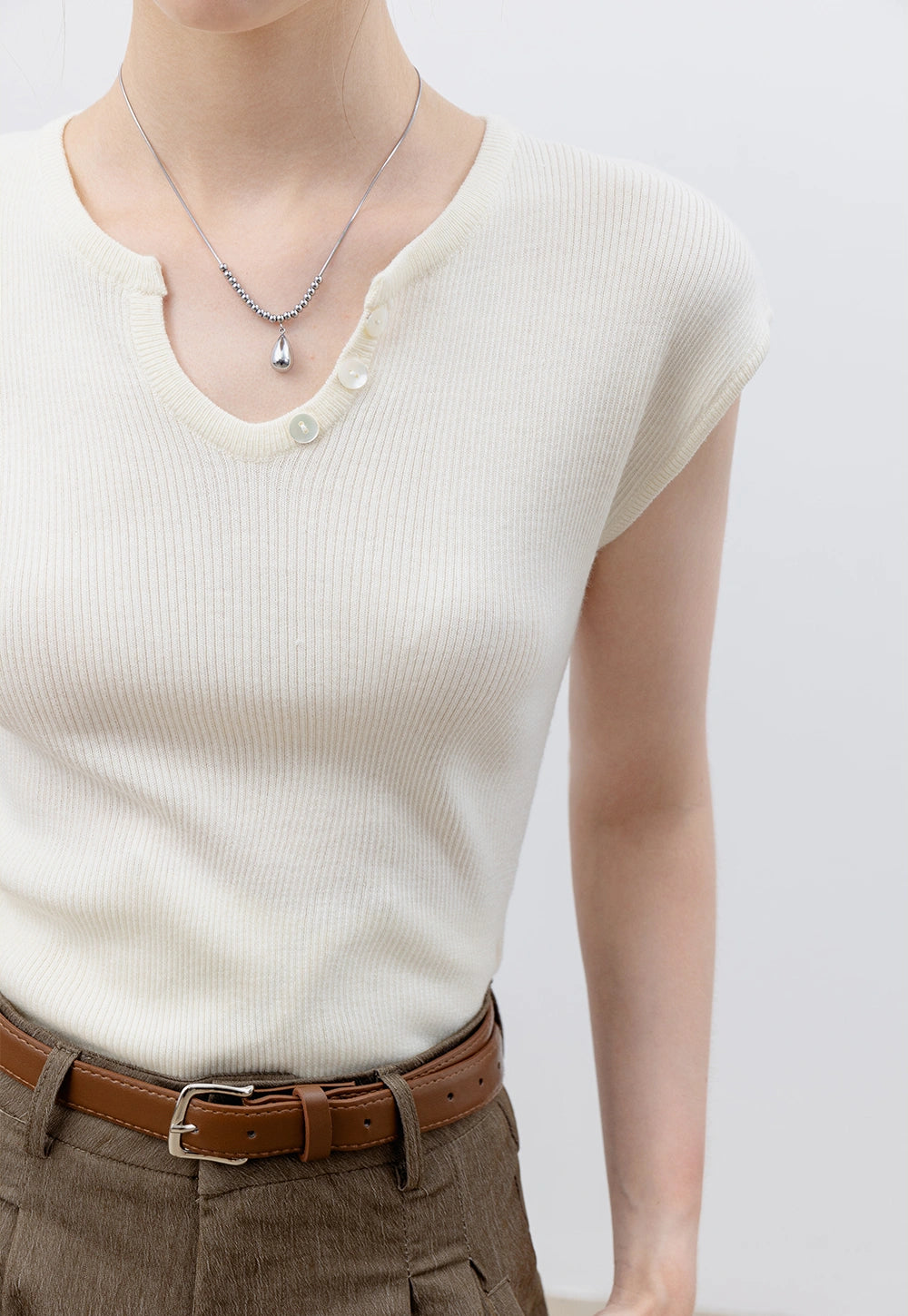 Women's Ribbed Knit Top with Button Detail