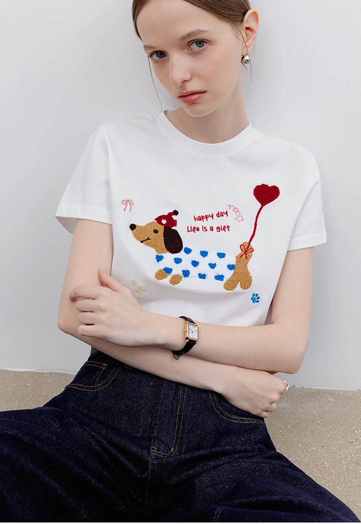 Women's Graphic Tee with Dog and Heart Balloon Design