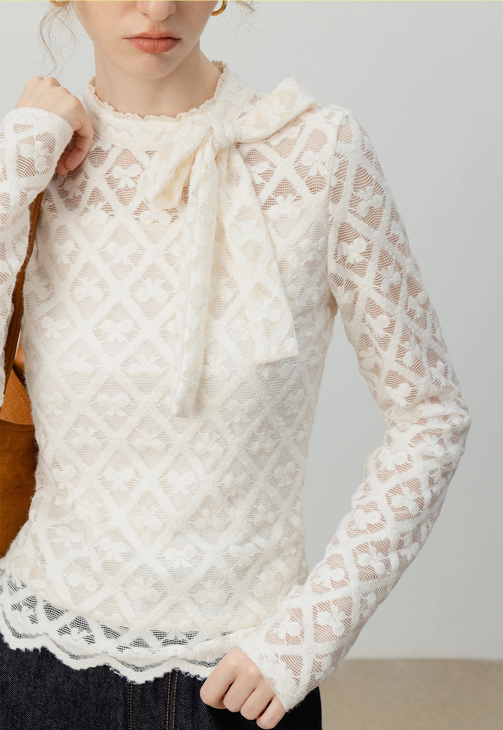 Lace Bow-Tie Long-Sleeve Top