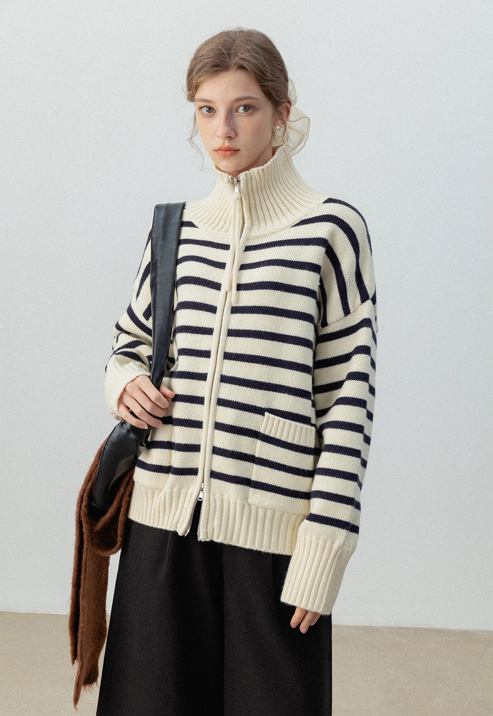 Striped Zip-Up Knit Cardigan