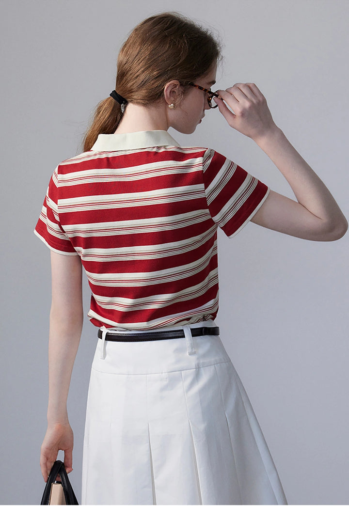 Women's Striped Polo Shirt with Contrast Collar