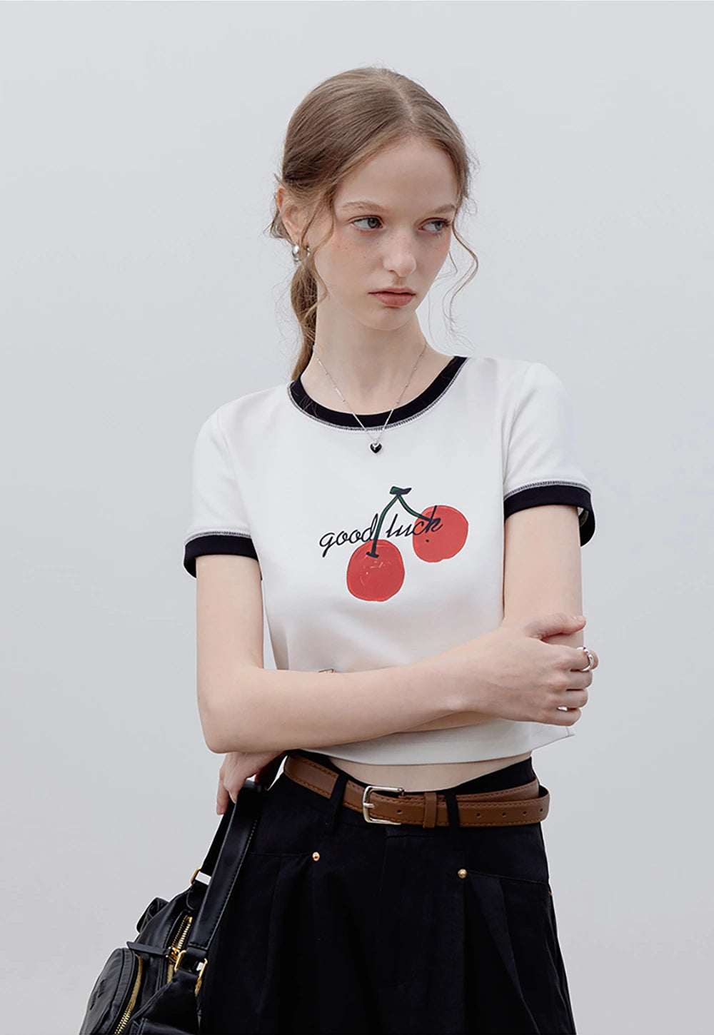 Women's Ringer Tee with Cherry 'Good Luck' Graphic