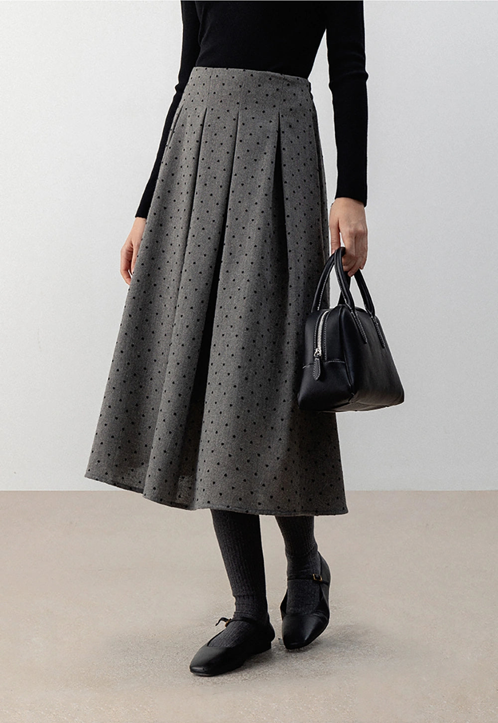 Gray Pleated Polka Dot Midi Skirt