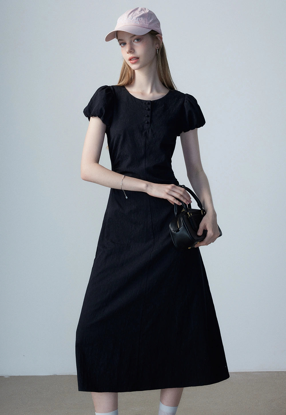 Women's Black Puff-Sleeve Midi Dress