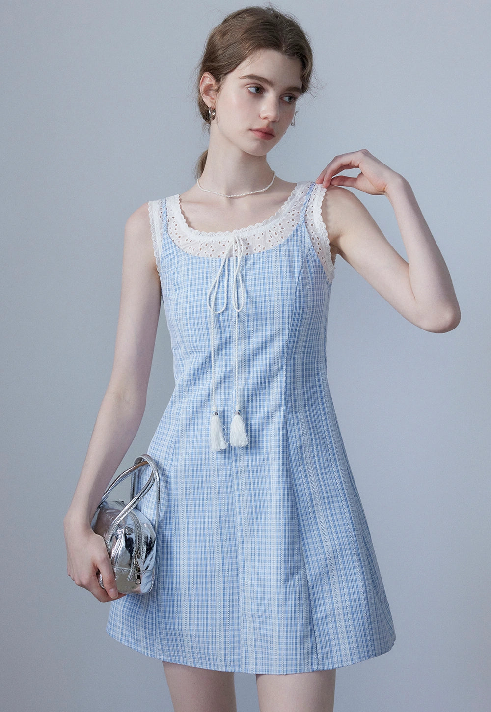 Women's Sleeveless Gingham Dress with Tassel Detail