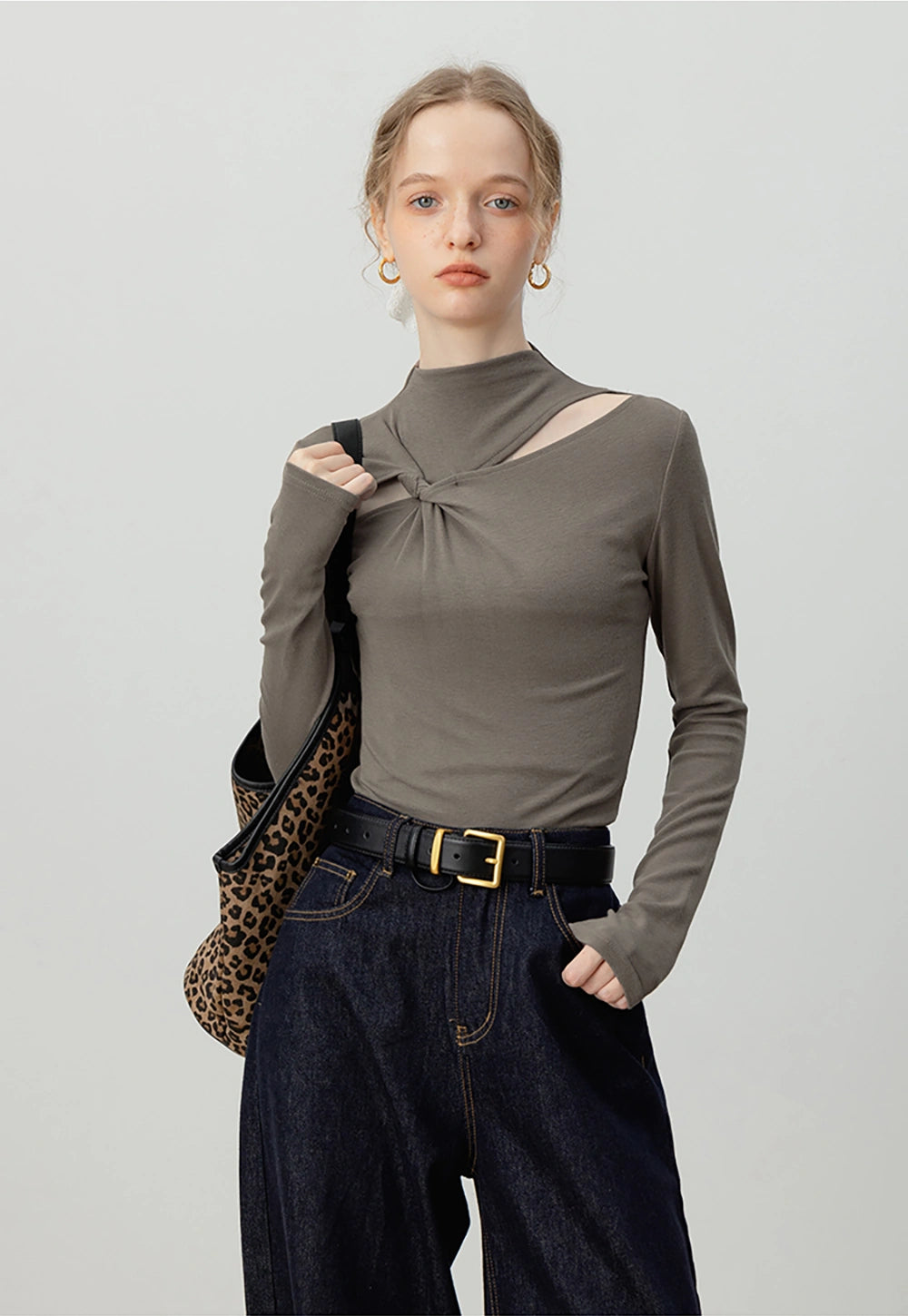 Women's Twist-Knot Mock Neck Long Sleeve Top