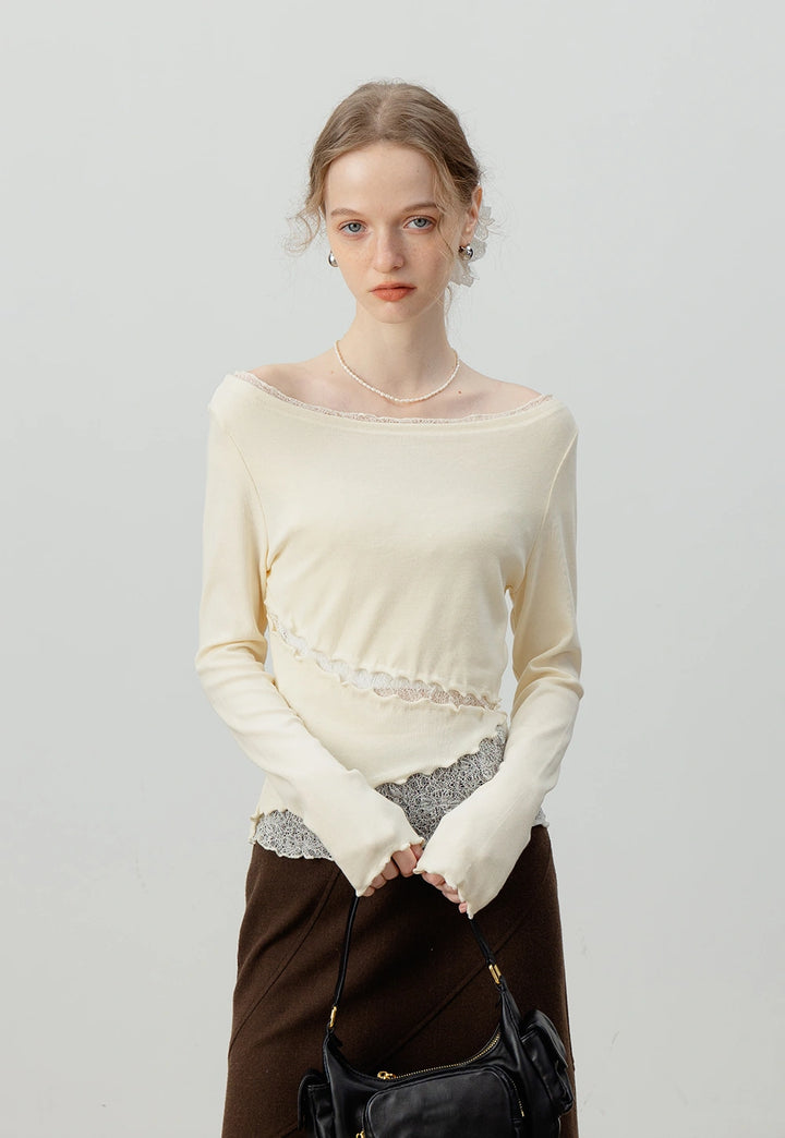 Asymmetrical Lace-Trimmed Long-Sleeve Top