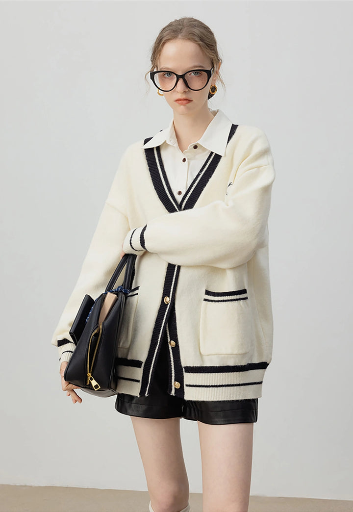 White Knit Cardigan with Black Trim