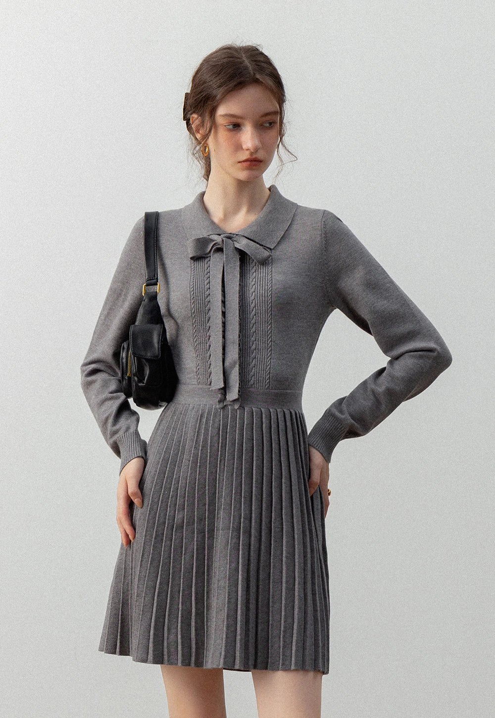 Women's Long-Sleeve Knit Dress with Bow Tie and Pleated Skirt