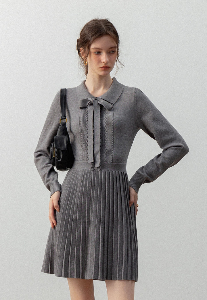 Women's Long-Sleeve Knit Dress with Bow Tie and Pleated Skirt