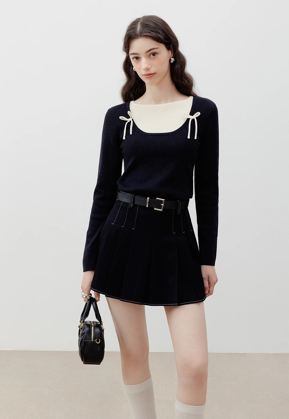 Tied Square Neck Black Long Sleeve Knit Top