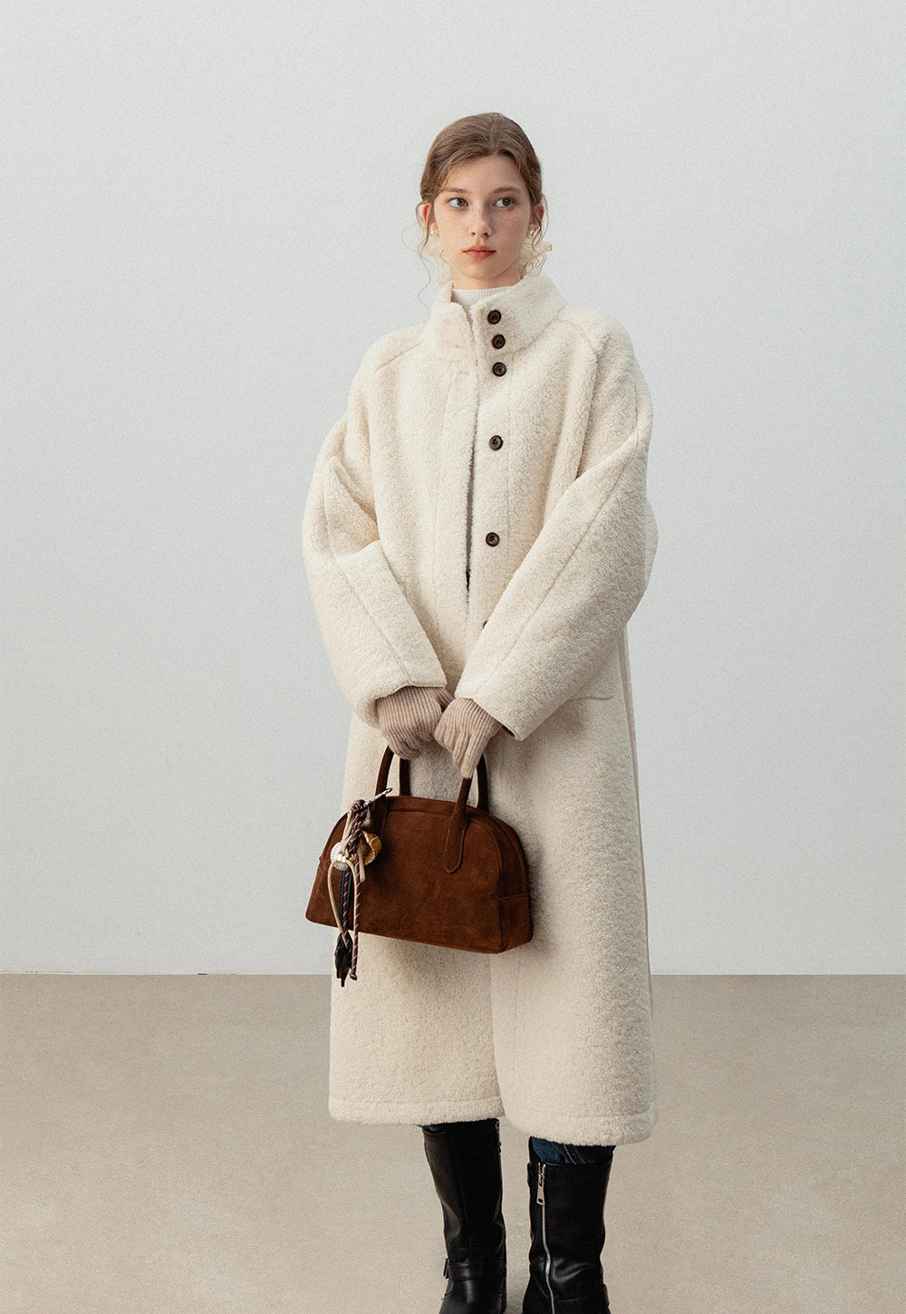 Women's Cream Long Teddy Coat