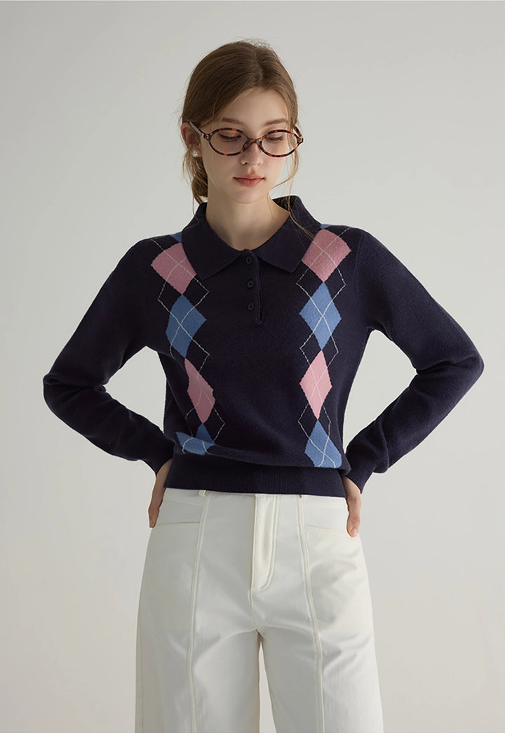 Women's Argyle Knit Polo Long Sleeve Sweater