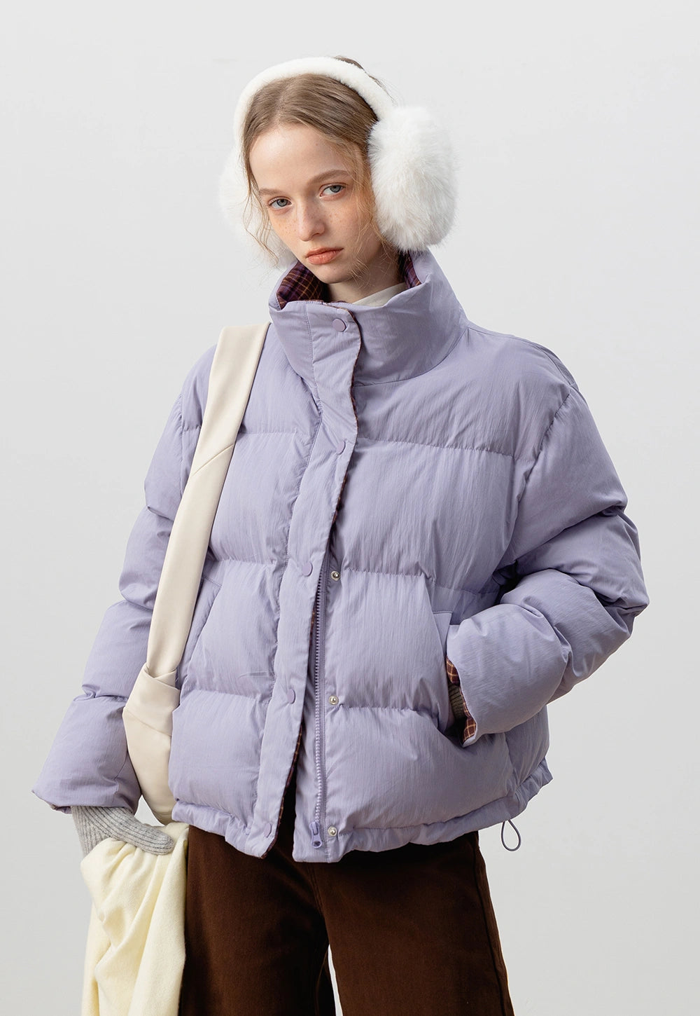 Women's Cropped Puffer Jacket with Stand Collar