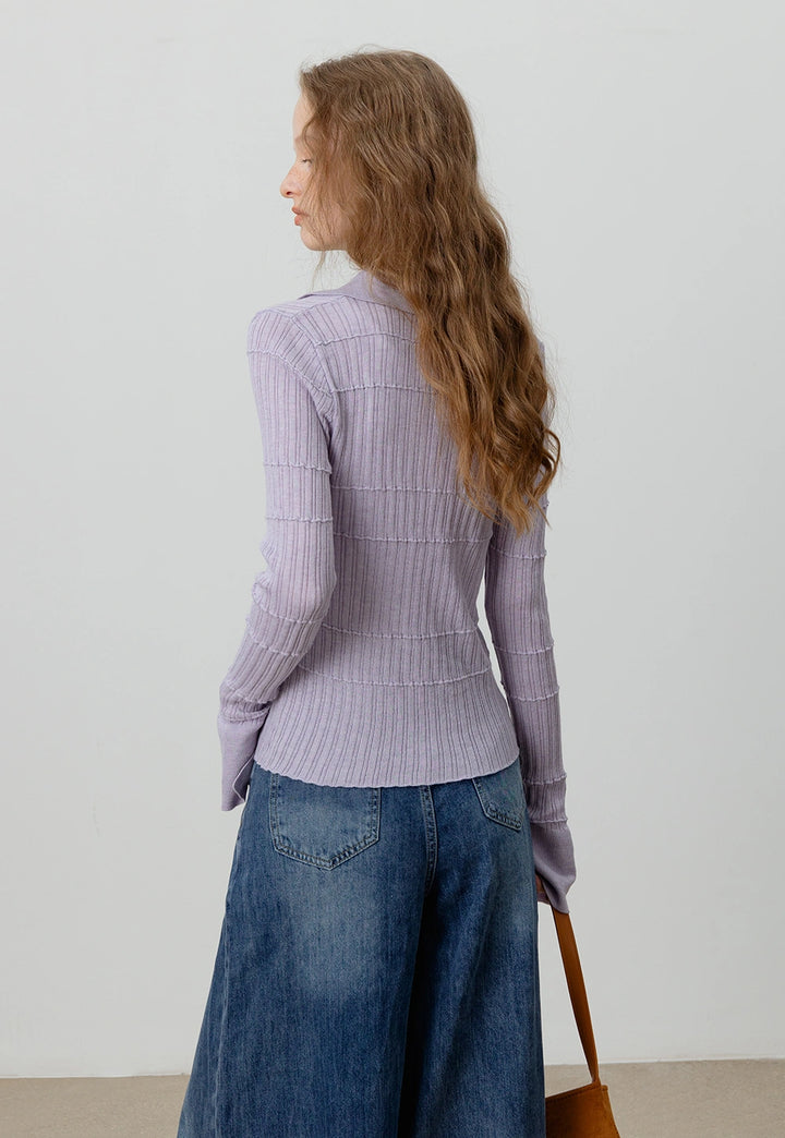 Ribbed Knit Polo Long Sleeve Collar Top