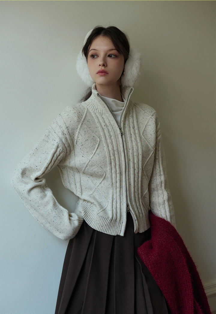 Cable-Knit High-Neck Zip-Up Cardigan