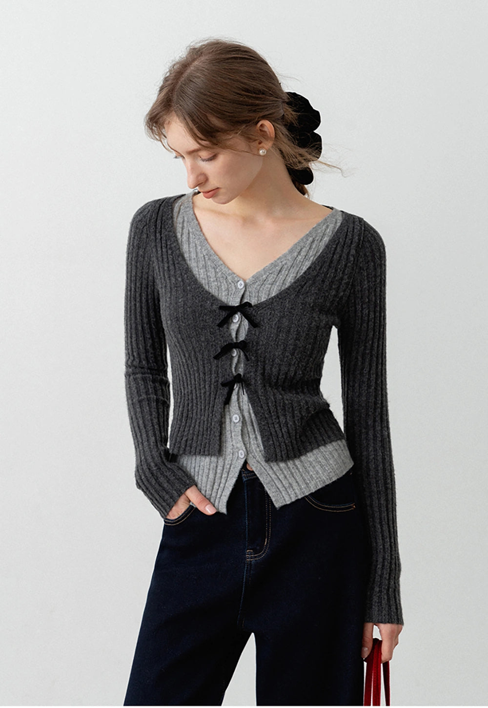 Women's V-Neck Ribbed Knit Cardigan