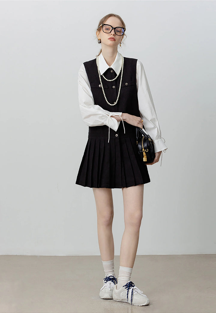 Women's Black Vest Dress with White Shirt Set