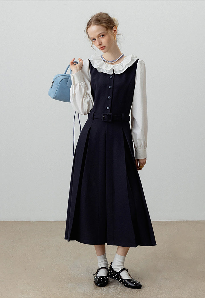 Women's Peter Pan Collar Belted Midi Dress with Long Sleeves