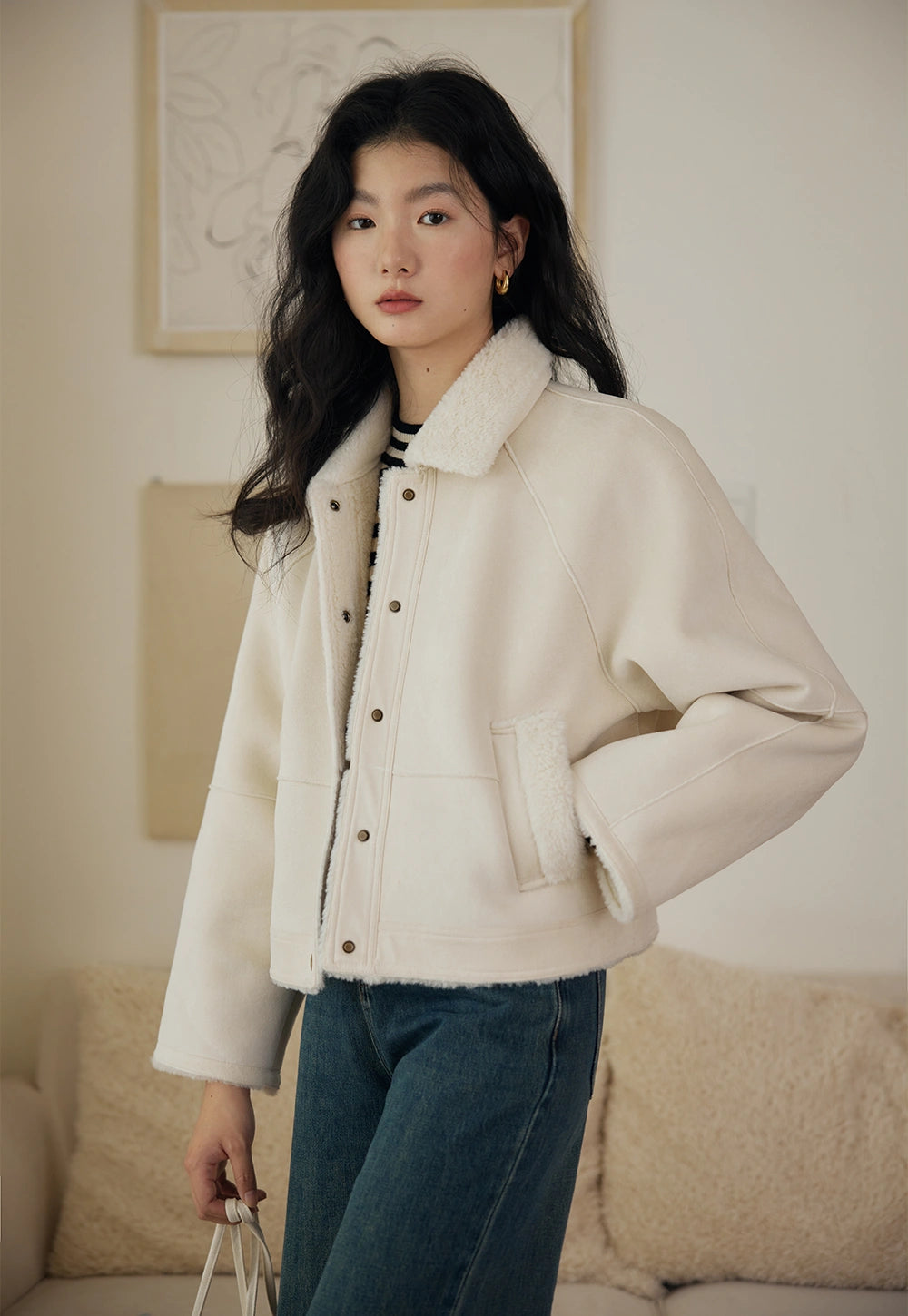 Women's Faux Shearling Suede Jacket with Cozy Collar