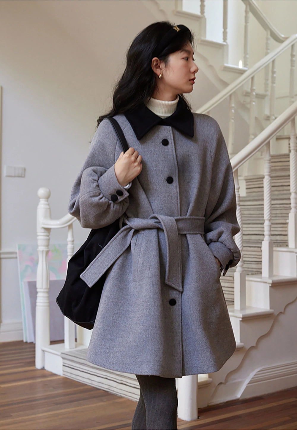 Wool Coat with Contrast Collar and Belted Waist