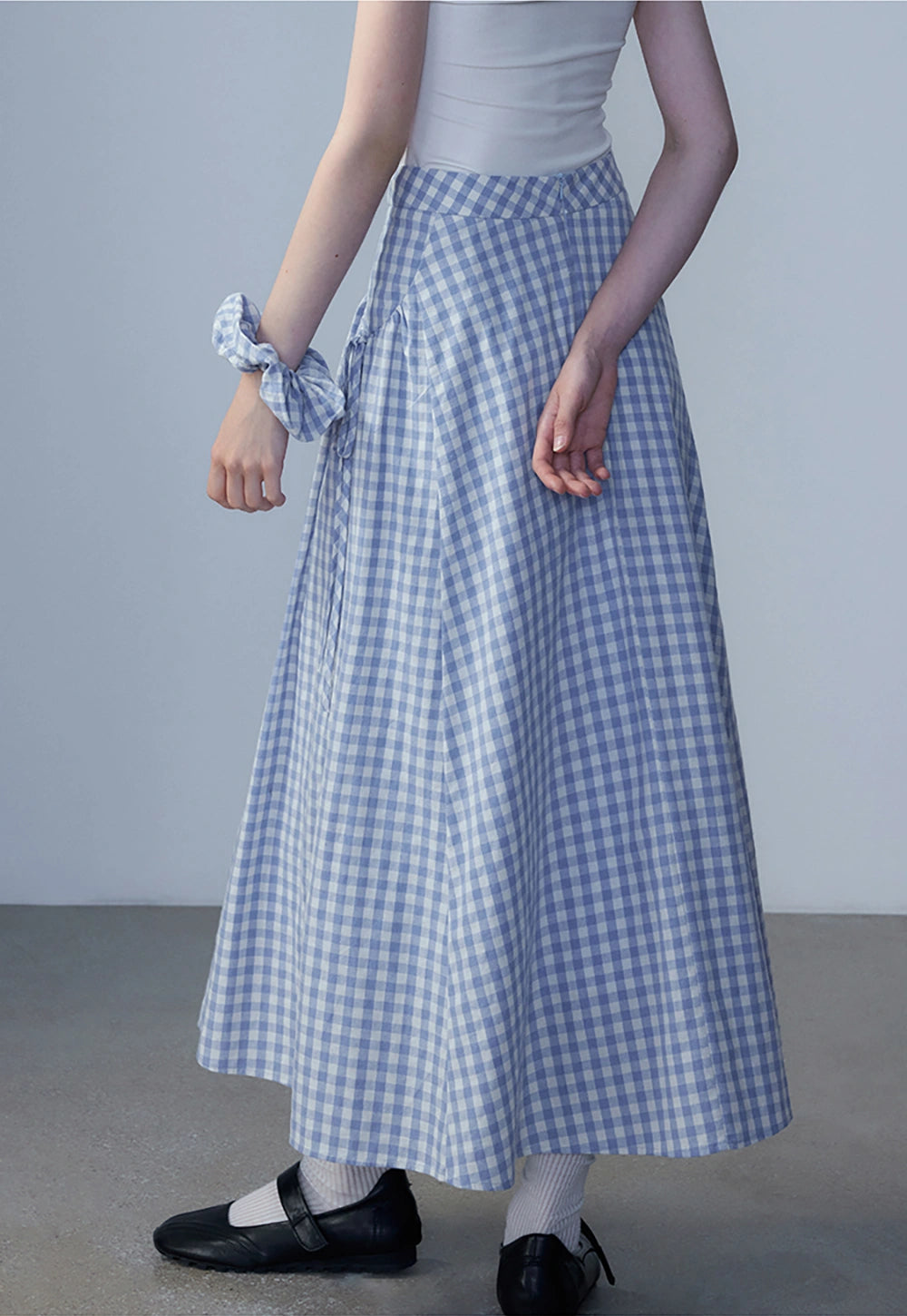 Skirt Midi Gingham A-Line Wanita