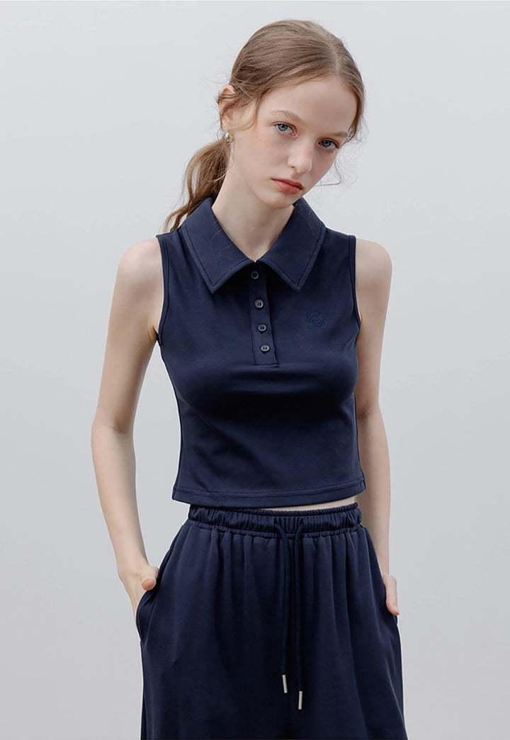 Women's Sleeveless Polo Crop Top and Wide-Leg Pants