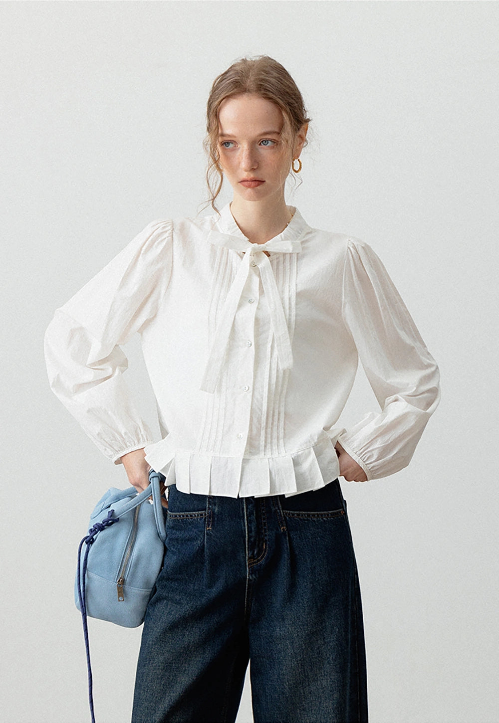 Women's Inspired Puff Sleeve Blouse with Bow Detail