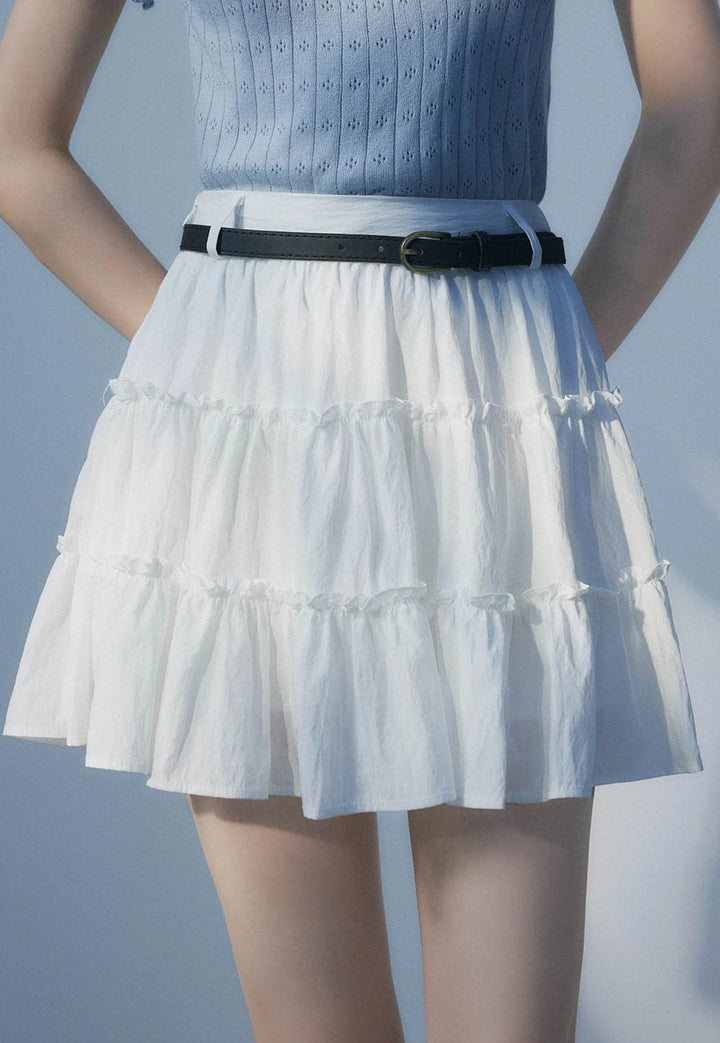 Elegant Bliss: Ruffled Layered Mini Skirt with Slim Belt