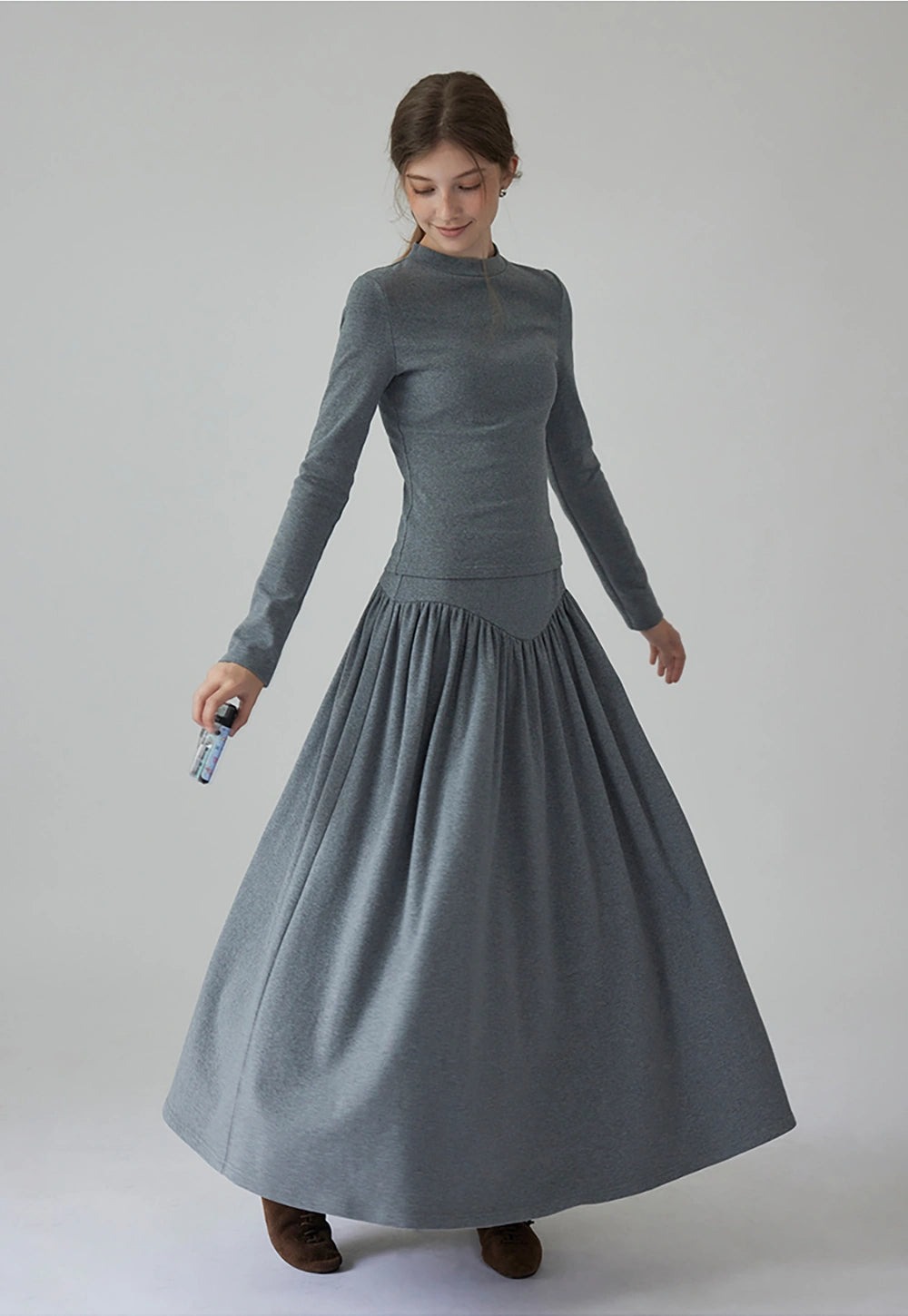 Women's Long Sleeve Shirt and High Waisted Pleated Maxi Skirt Set