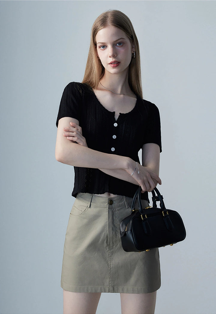 Women's Short-Sleeve Button-Up Knit Top