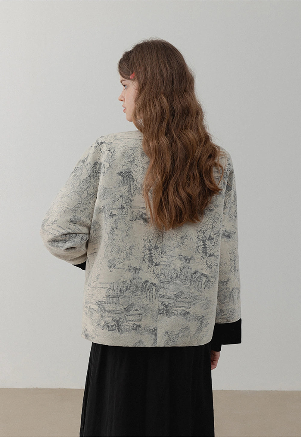 Women’s Chinese Ink Painting Inspired Warm Coat with Collar