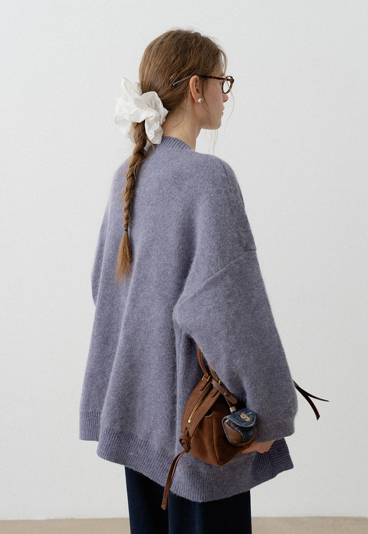 Rabbit Hair V-Neck Hidden Button Chunky Sweater Coat