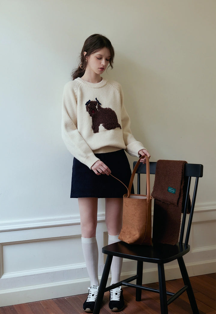 Women's Crew Neck Dog Patterned Sweater