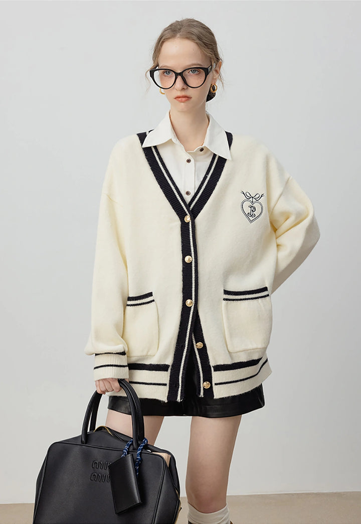 White Knit Cardigan with Black Trim