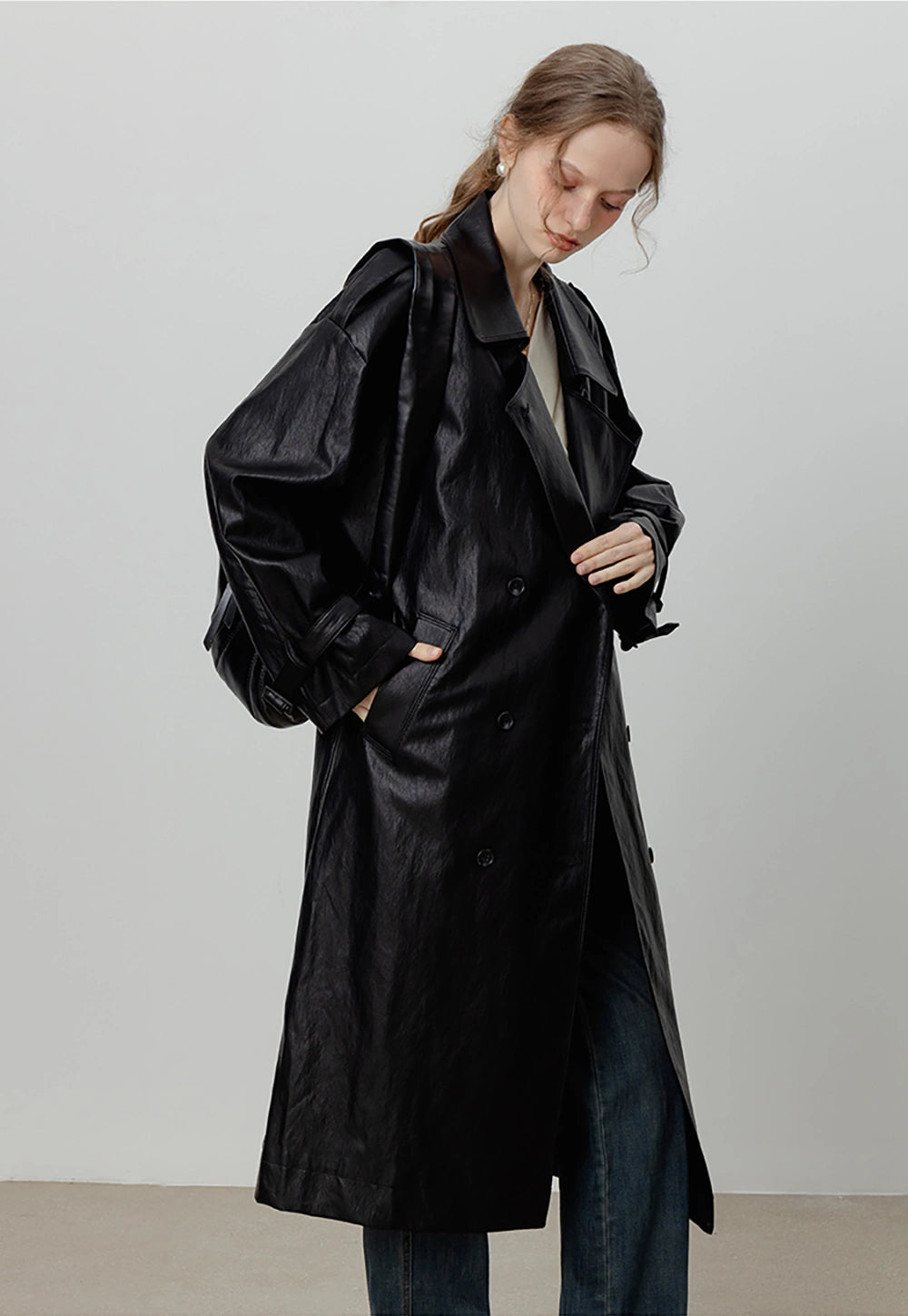 Women's Oversized Double-Breasted Faux Leather Trench Coat