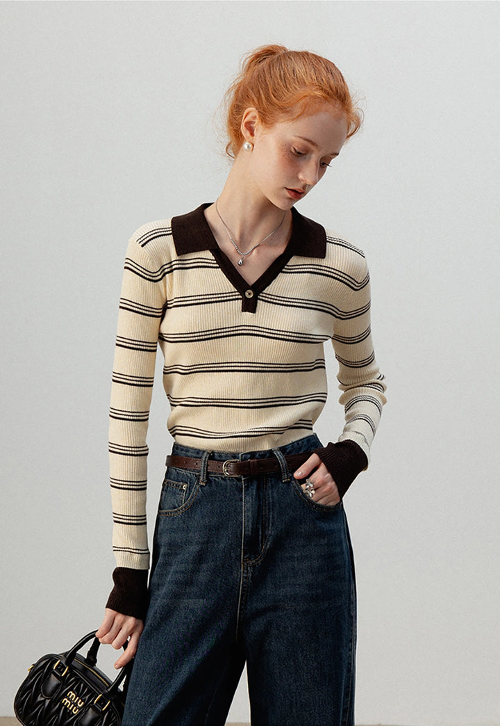 Chic Striped Cropped Polo Long Knitwear