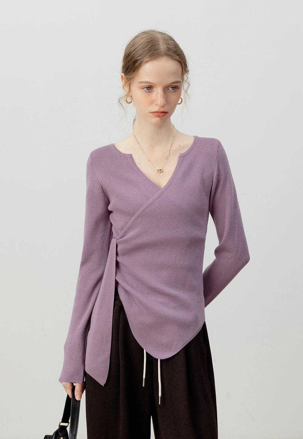 Asymmetrical Wrap Long Sleeve Knit Top