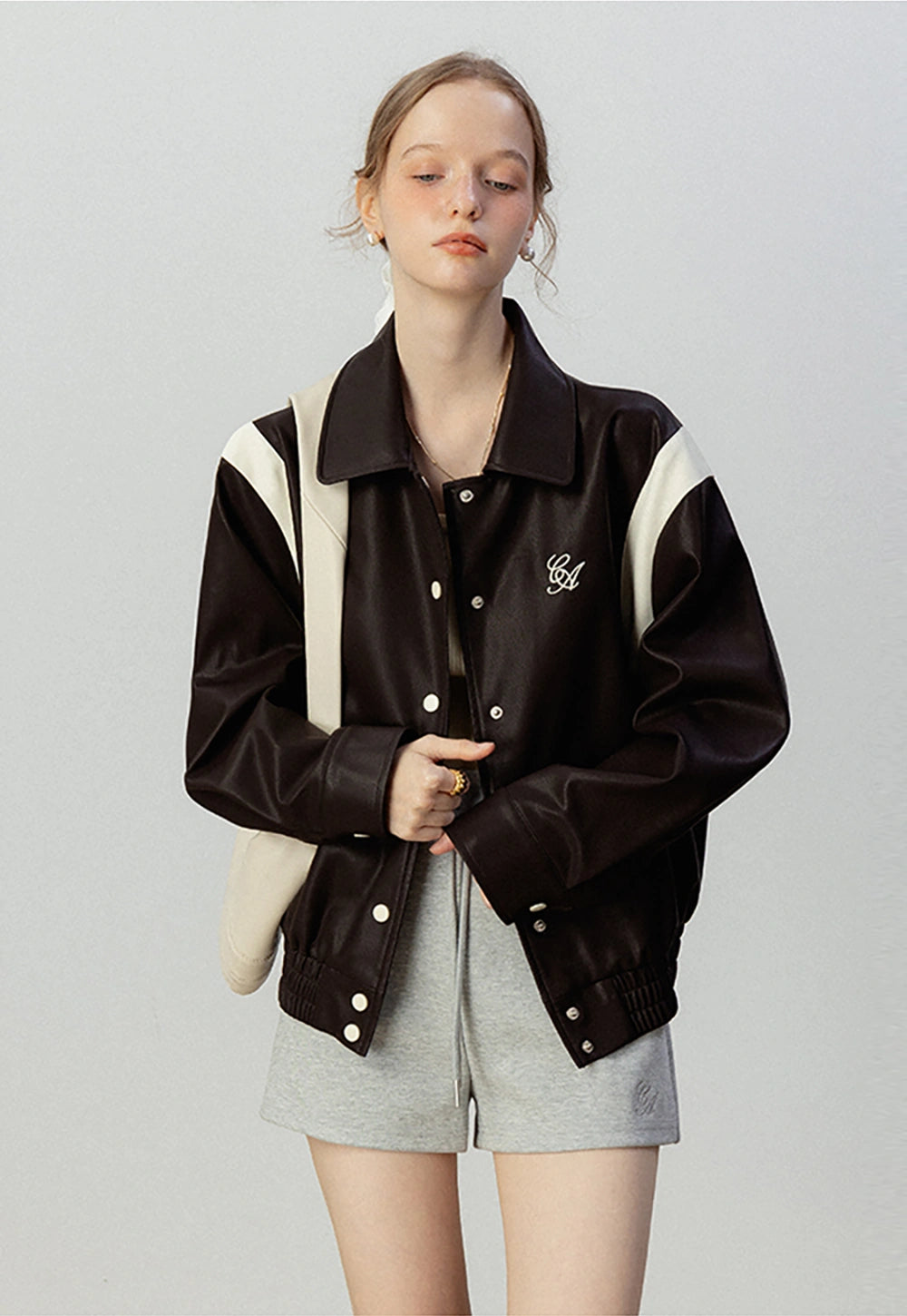 Women's Faux Leather Button-Up Bomber Jacket