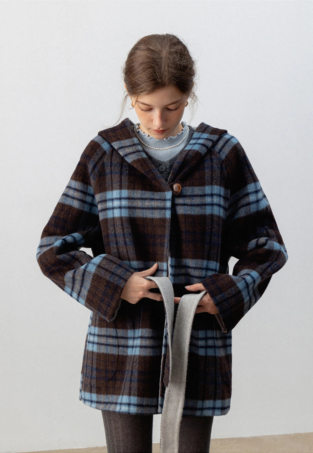 Plaid Hooded Belted Coat