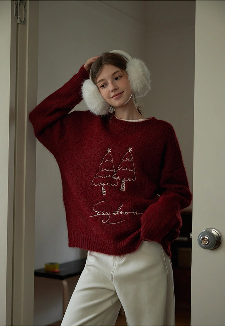 Women's Christmas Tree Pattern Round Neck Sweater