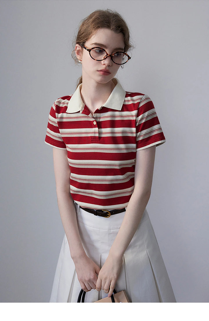 Women's Striped Polo Shirt with Contrast Collar